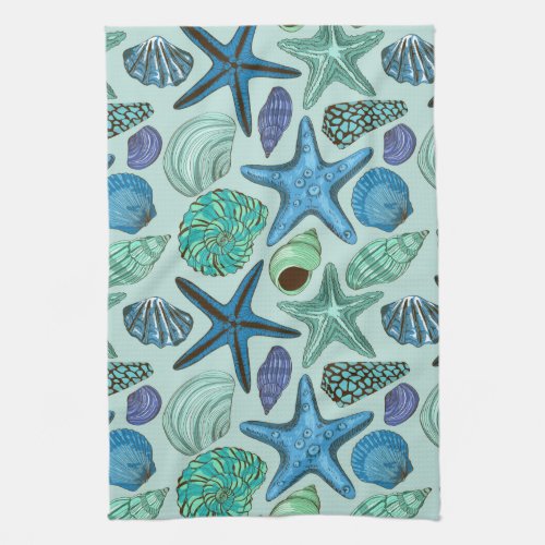 Shades Of Blue Seashells And Starfish Pattern Kitchen Towel