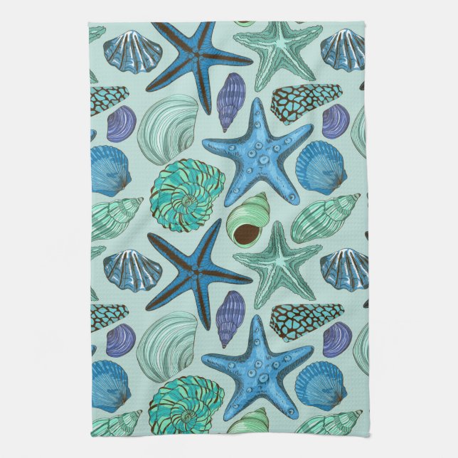 Shades Of Blue Seashells And Starfish Pattern Kitchen Towel (Vertical)