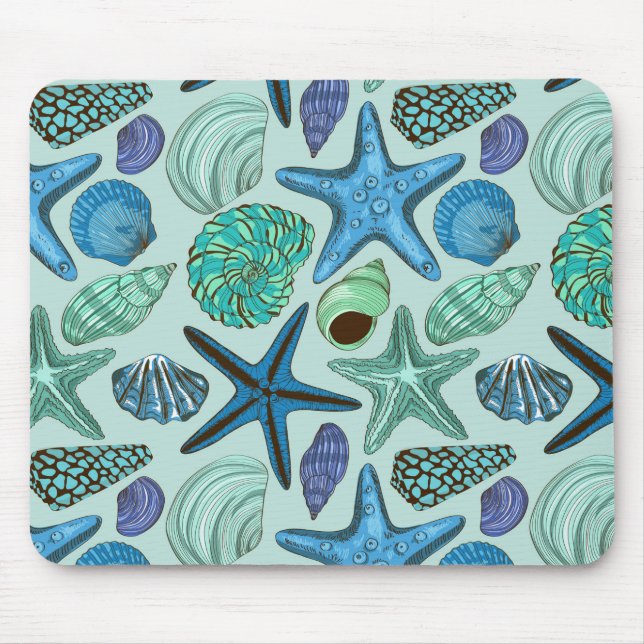 Shades Of Blue Seashells And Starfish Pattern Mouse Pad (Front)