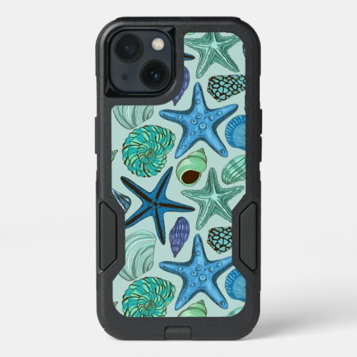 Shades Of Blue Seashells And Starfish Pattern iPhone 13 Case