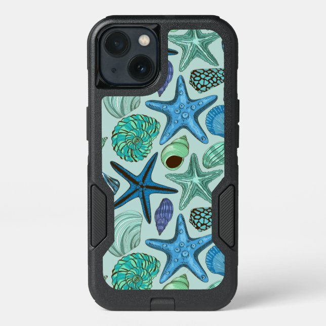 Shades Of Blue Seashells And Starfish Pattern Otterbox iPhone Case (Back)