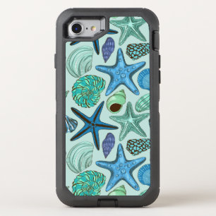 Shades Of Blue Seashells And Starfish Pattern OtterBox Defender iPhone SE/8/7 Case