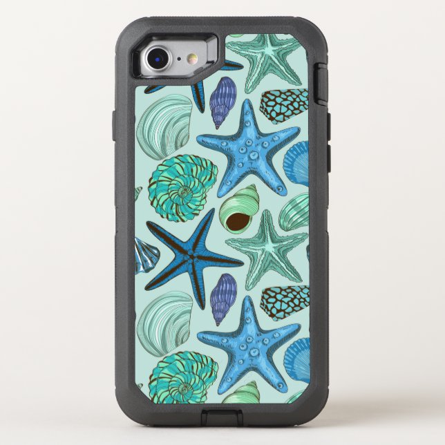 Shades Of Blue Seashells And Starfish Pattern Otterbox iPhone Case (Back)