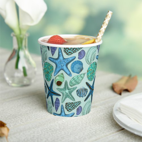 Shades Of Blue Seashells And Starfish Pattern Paper Cups