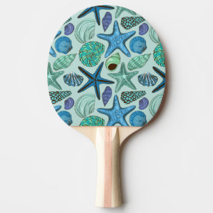 Shades Of Blue Seashells And Starfish Pattern Ping Pong Paddle
