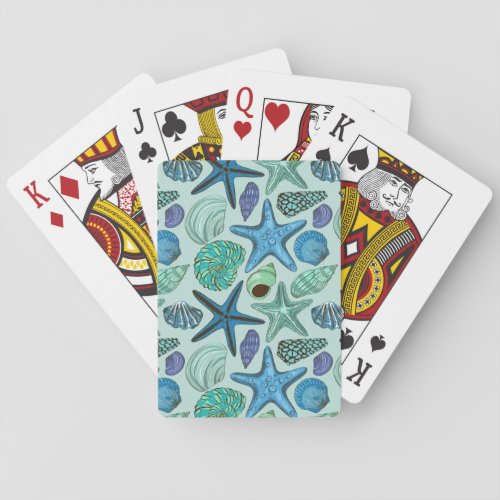 Shades Of Blue Seashells And Starfish Pattern Playing Cards