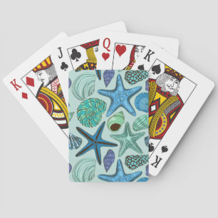 Shades Of Blue Seashells And Starfish Pattern Poker Cards