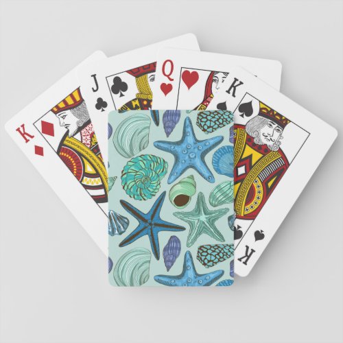 Shades Of Blue Seashells And Starfish Pattern Poker Cards