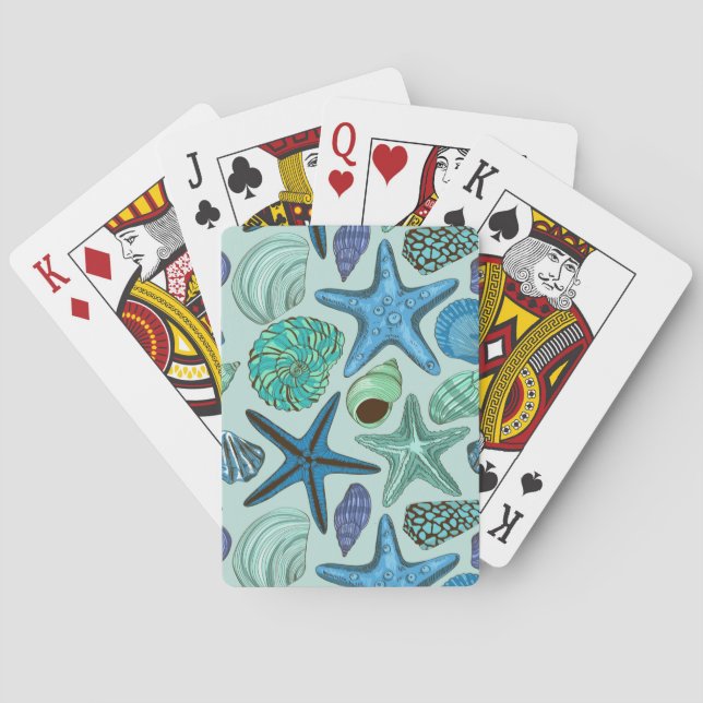 Shades Of Blue Seashells And Starfish Pattern Poker Cards (Back)