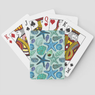 Shades Of Blue Seashells And Starfish Pattern Poker Cards