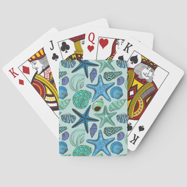 Shades Of Blue Seashells And Starfish Pattern Poker Cards (Back)