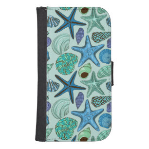 Shades Of Blue Seashells And Starfish Pattern Wallet Phone Case For Samsung Galaxy S4