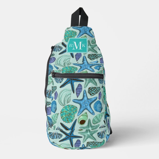 Shades Of Blue Seashells And Starfish Pattern Sling Bag (Front)