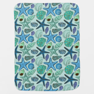 Shades Of Blue Seashells And Starfish Pattern Stroller Blanket