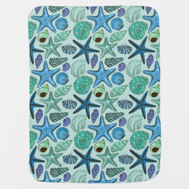 Shades Of Blue Seashells And Starfish Pattern Stroller Blanket (Front)