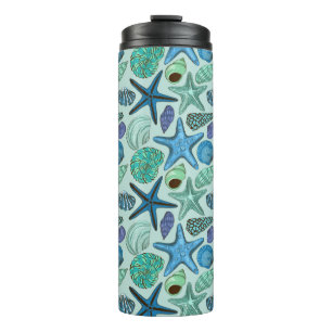 Shades Of Blue Seashells And Starfish Pattern Thermal Tumbler