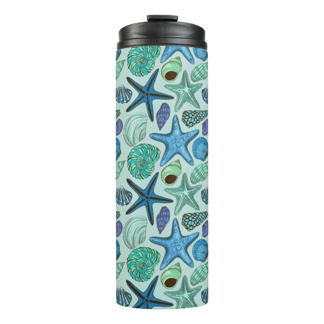 Shades Of Blue Seashells And Starfish Pattern Thermal Tumbler (Front)