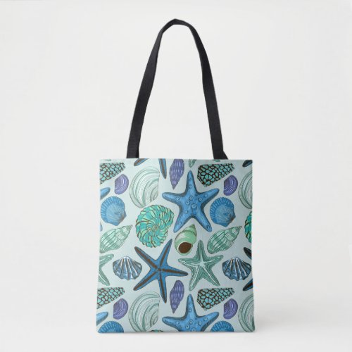 Shades Of Blue Seashells And Starfish Pattern Tote Bag