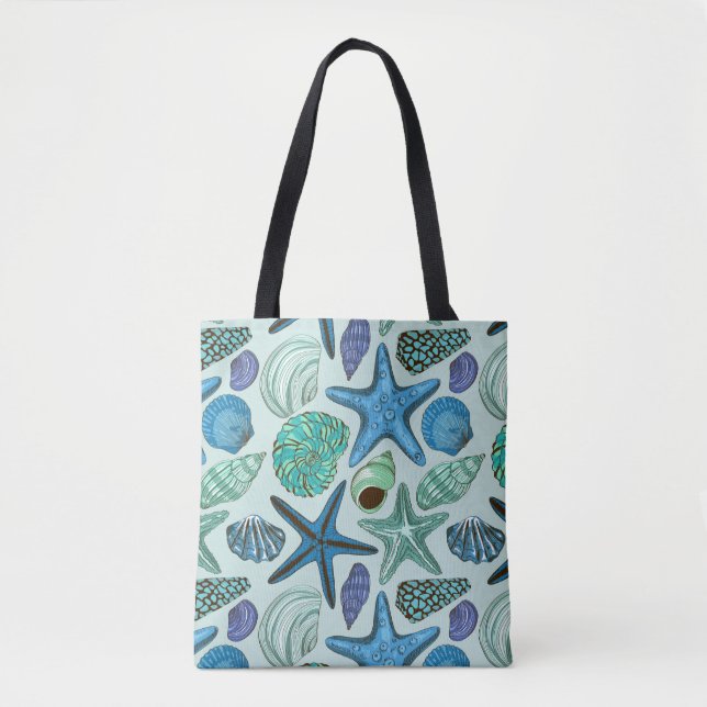 Shades Of Blue Seashells And Starfish Pattern Tote Bag (Front)