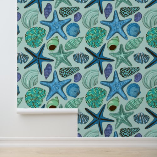 Shades Of Blue Seashells And Starfish Pattern Wallpaper