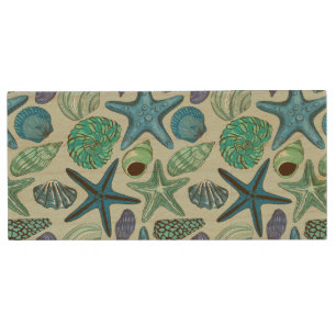 Shades Of Blue Seashells And Starfish Pattern Wood USB Flash Drive