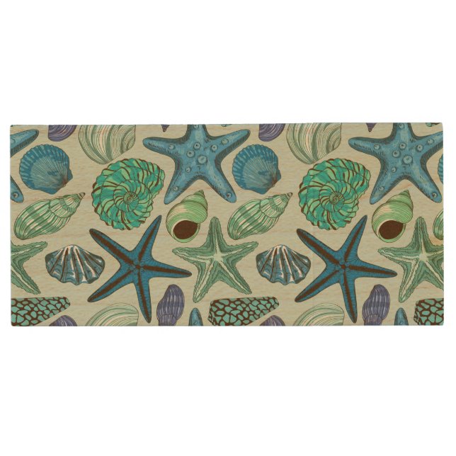 Shades Of Blue Seashells And Starfish Pattern Wood USB Flash Drive (Front)