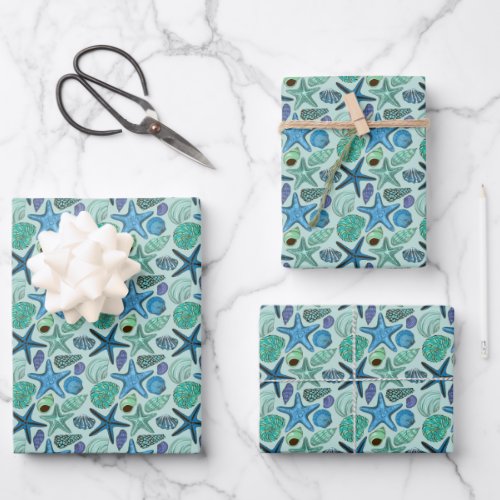 Shades Of Blue Seashells And Starfish Pattern Wrapping Paper Sheets