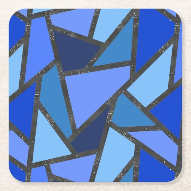 Shades of blue stained glass pattern square paper coaster (Front)