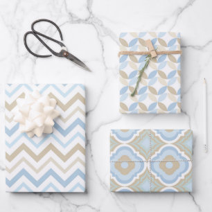SHADES OF BLUE & TAN PATTERNS WRAPPING PAPER SHEETS
