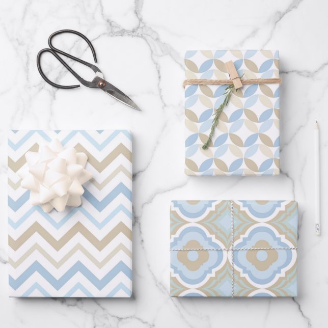 SHADES OF BLUE & TAN PATTERNS WRAPPING PAPER SHEETS (Front)