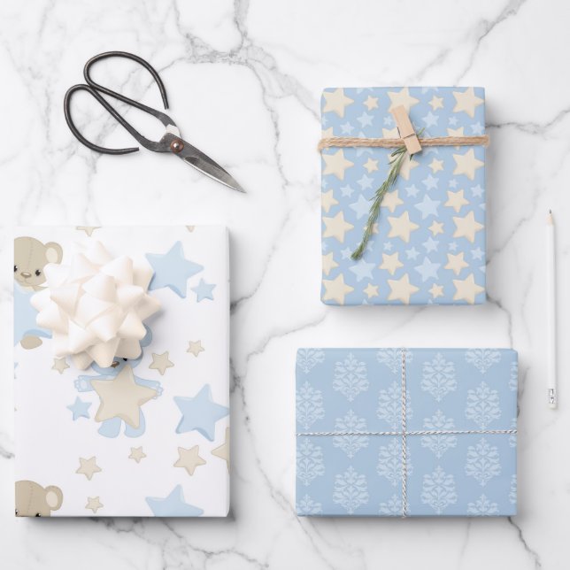 SHADES OF BLUE & TAN TEDDY BEARS & STARS WRAPPING PAPER SHEETS (Front)