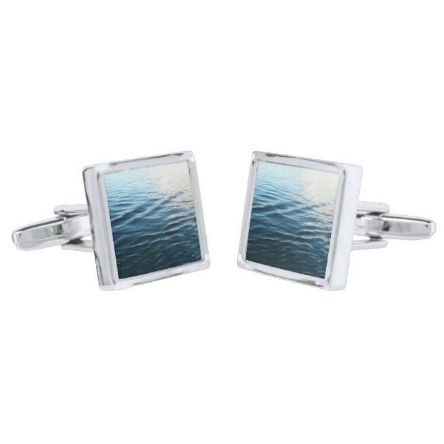 Shades of Blue Water Abstract Nature Photography Silver Cufflinks (Angled)
