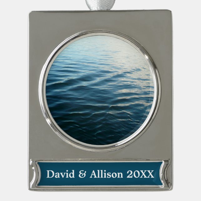 Shades of Blue Water Abstract Nature Photography Silver Plated Banner Ornament (Front)