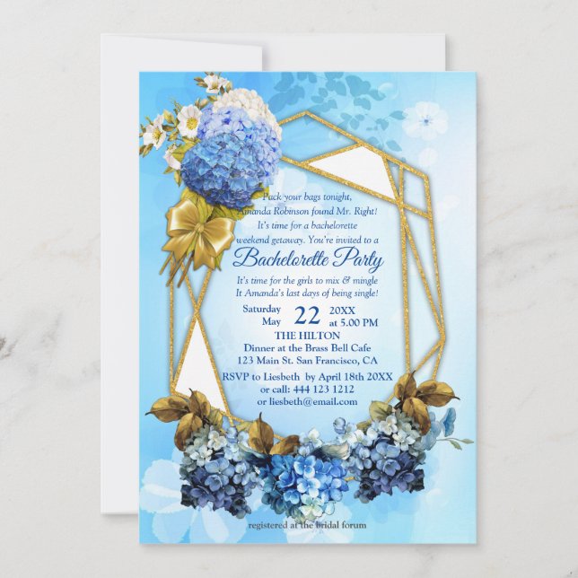 Shades of Blue Watercolor Hydrangeas Bachelorette Invitation (Front)