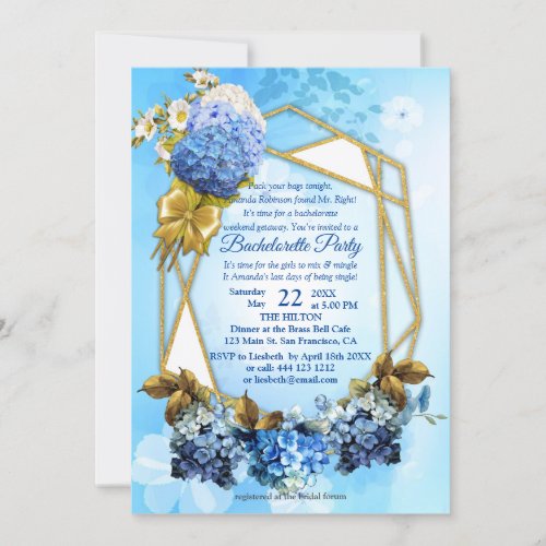 Shades of Blue Watercolor Hydrangeas Bachelorette Invitation