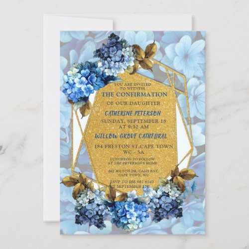 Shades of Blue watercolor Hydrangeas Confirmation Invitation