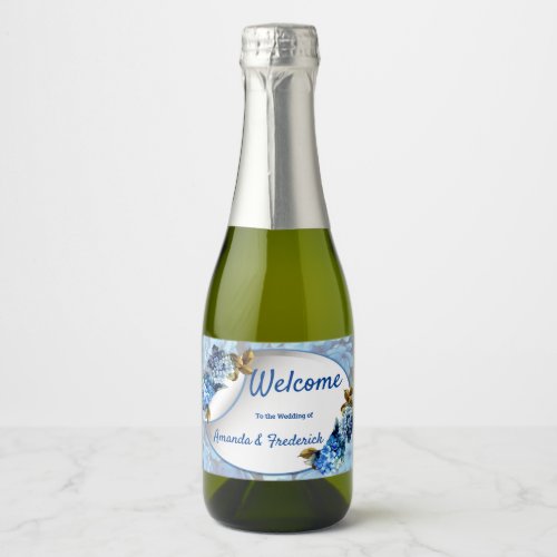 Shades of Blue Watercolor Hydrangeas Sparkling Wine Label