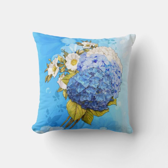 Shades of Blue Watercolor Hydrangeas Throw Pillow (Front)