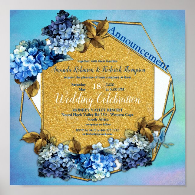 Shades of Blue Watercolor Hydrangeas Wedding Poster (Front)