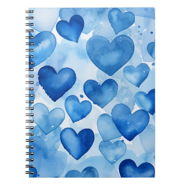 SHADES OF BLUE WATERCOLOR VALENTINE HEARTS NOTEBOOK (Front)