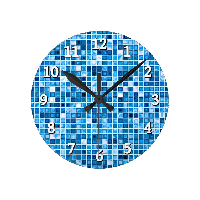 Shades Of Blue 'Watery' Mosaic Tiles Pattern Round Wall Clocks