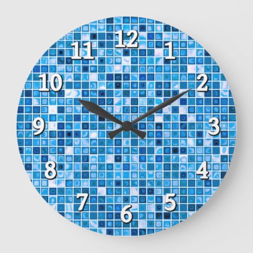 Shades Of Blue Watery Mosaic Tiles Pattern Large Clock