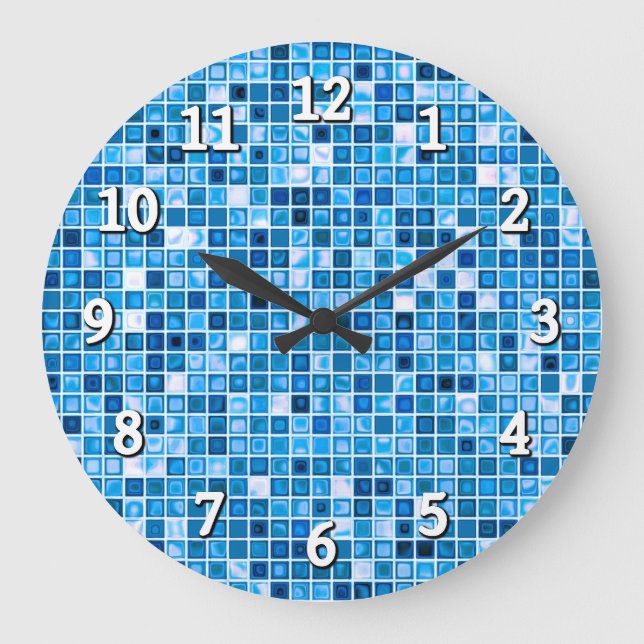 Shades Of Blue 'Watery' Mosaic Tiles Pattern Large Clock (Front)
