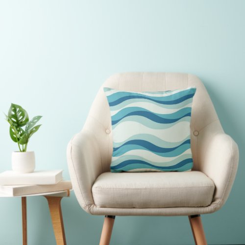 Shades of Blue Waves Pattern Throw Pillow