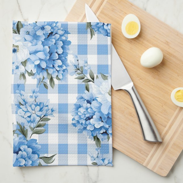 SHADES OF BLUE & WHITE PLAID PATTERN & FLOWERS KITCHEN TOWEL (Quarter Fold)