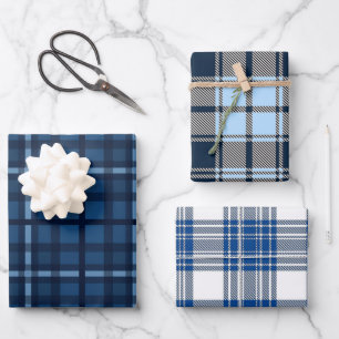 SHADES OF BLUE & WHITE PLAID PATTERNS WRAPPING PAPER SHEETS
