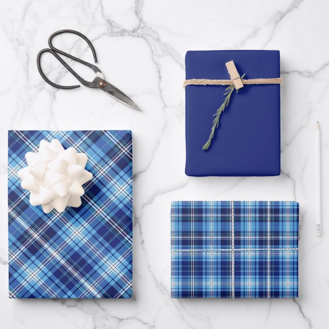 Shades of Blue & White Plaid Wrapping Paper Sheets (Front)