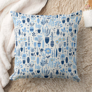 Shades of Blue, White, Yellow Container Plants Throw Pillow