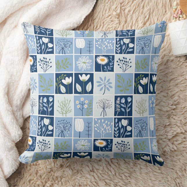 Shades of Blue, White, Yellow Faux Patchwork  Throw Pillow (Blanket)