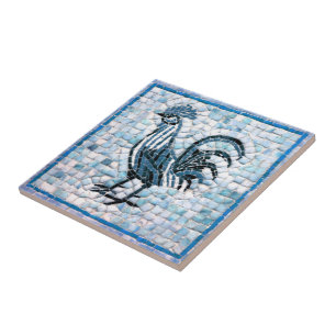 Shades of Blue with Black Mosaic Rooster Design Ceramic Tile